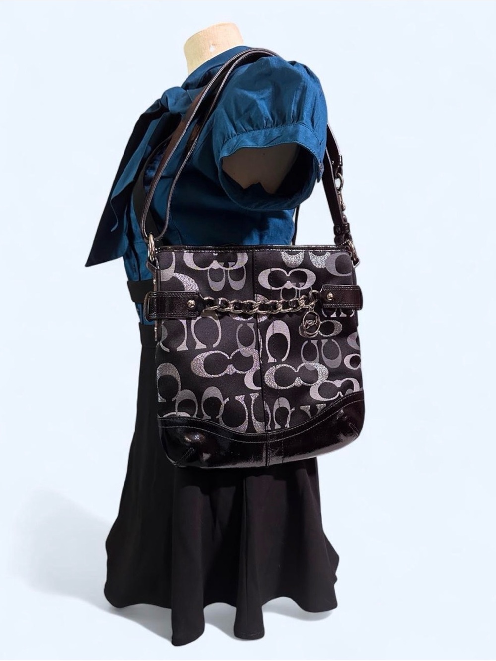 Coach Black Silver Moto Optic Metallic Signature Shoulder Bag Patent Leather